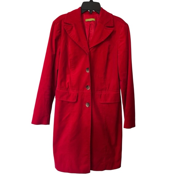 Poppy Red Velvet Velour Trench Style Coat - Picture 2 of 7